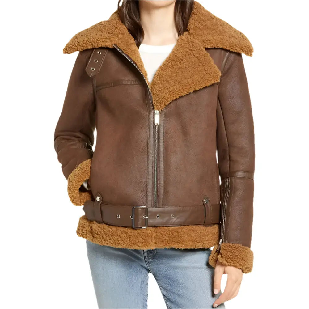 Women's B3 Brown Shearling Bomber Jacket-0
