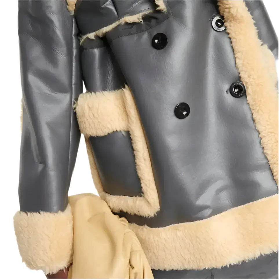 Women's Black Faux Leather Jacket with Shearling Trim – Stylish & Cozy-3