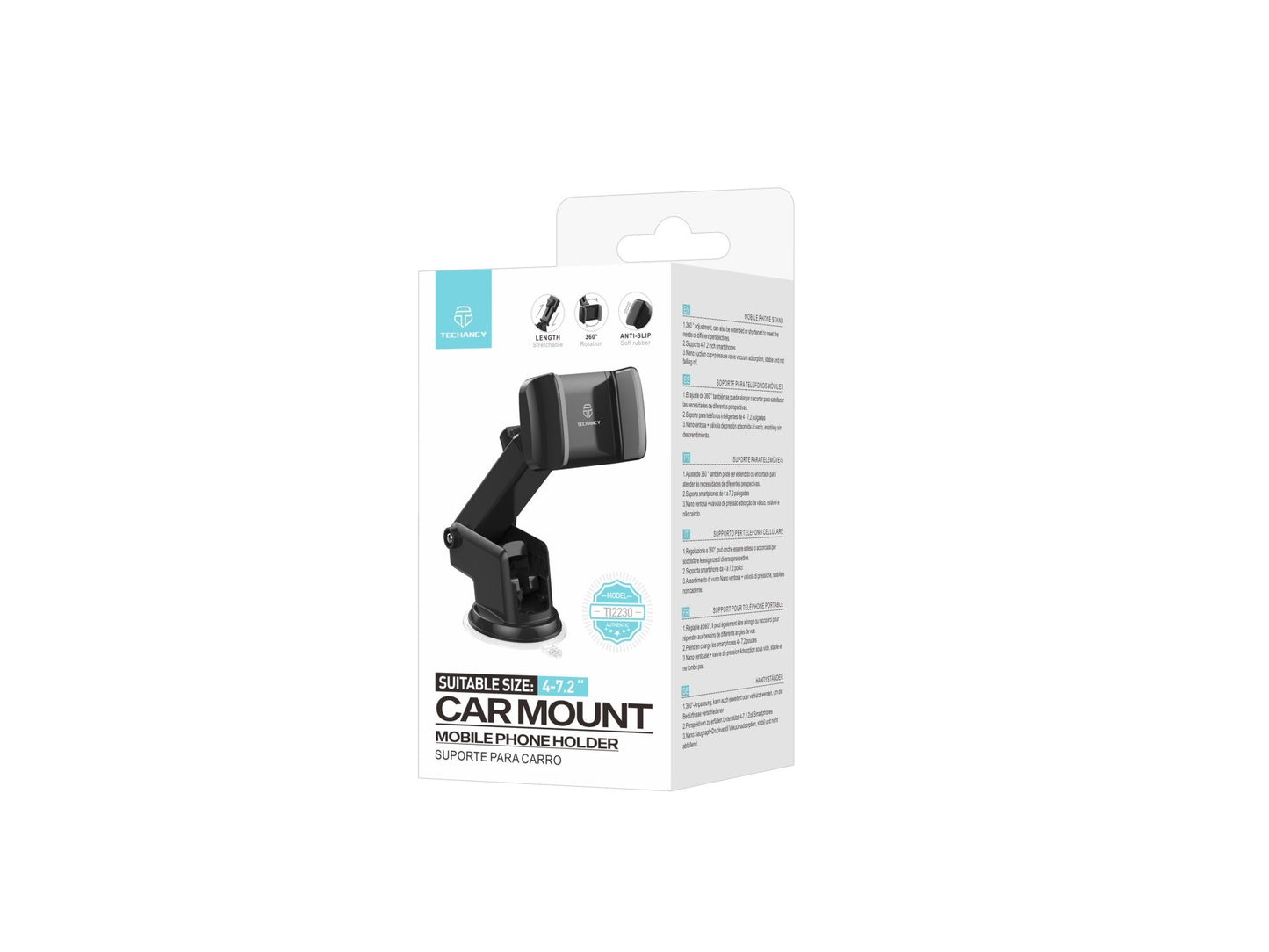 Techancy Suporte Para Telemóvel Para Automóvel Preto+Cinzento Ti2230 , Suporte Retrátil, Ventosa Antiderrapante, 4-7,2 Polegadas