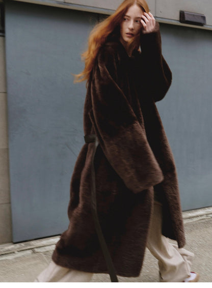"Mocha Phantom" Merino wool dropped shoulder long asymmetric placket sheepskin coat-4