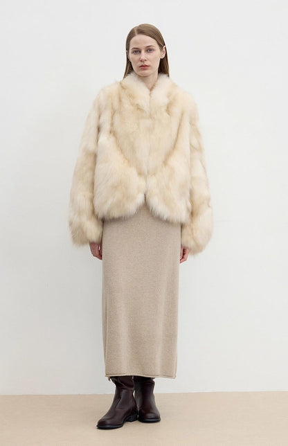 "Monet's Garden" imported high-quality fox fur V-neck spray-colored jacket-1