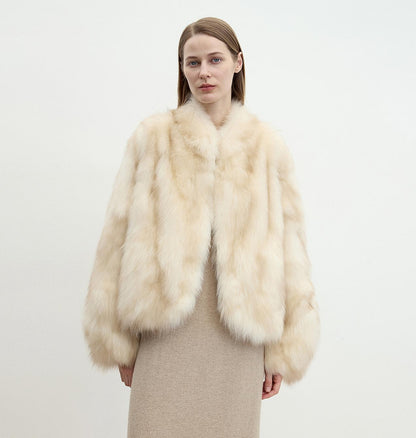 "Monet's Garden" imported high-quality fox fur V-neck spray-colored jacket-0