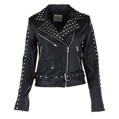 Womens Black Studded Leather Biker Jacket