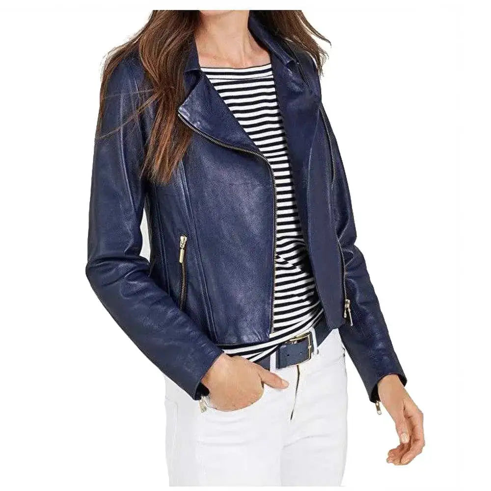 Women's Ruth Langsford Blue Leather Biker Jacket