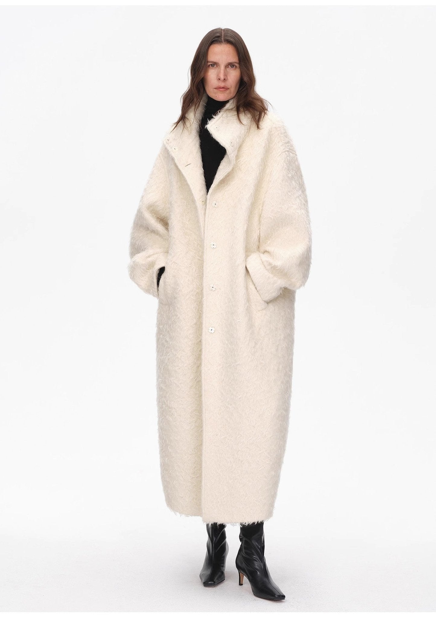 "Song of Snowland"Women's mohair wool stand collar coat autumn and winter loose woolen coat-3