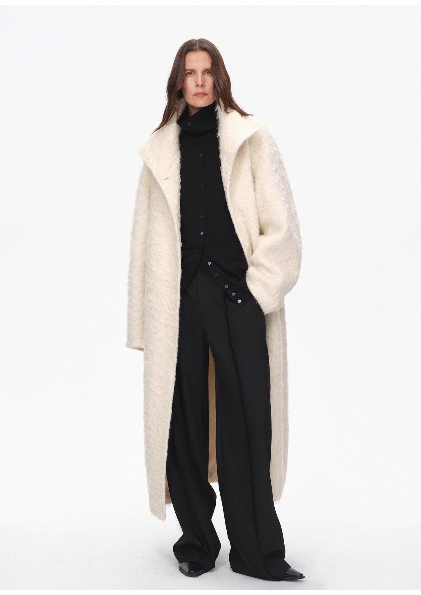 "Song of Snowland"Women's mohair wool stand collar coat autumn and winter loose woolen coat-2