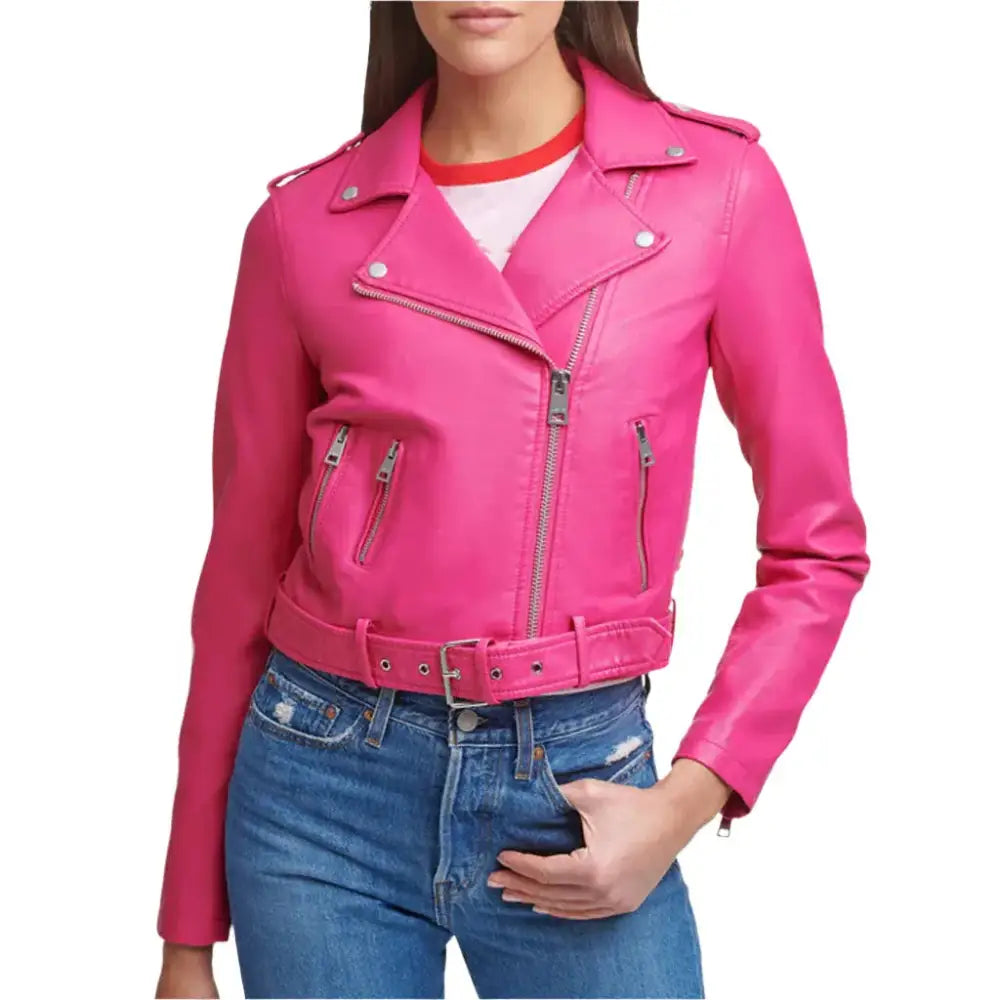 Women's Bright Pink Biker Leather Jacket