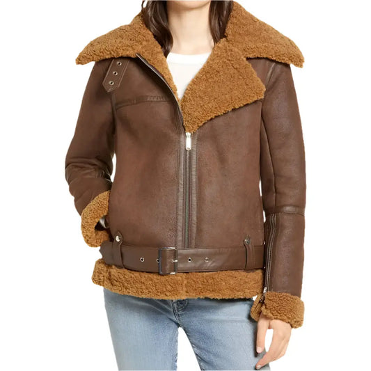 Women's B3 Brown Shearling Bomber Jacket-0