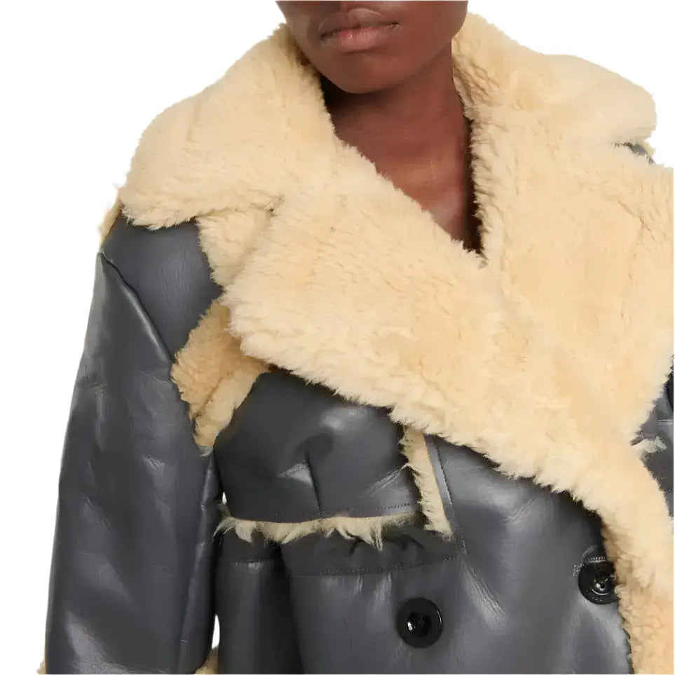Women's Black Faux Leather Jacket with Shearling Trim – Stylish & Cozy-2