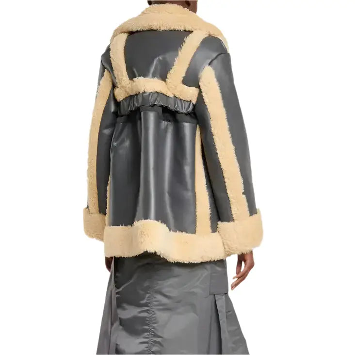 Women's Black Faux Leather Jacket with Shearling Trim – Stylish & Cozy-1