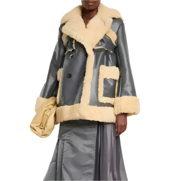 Women's Black Faux Leather Jacket with Shearling Trim – Stylish & Cozy-0