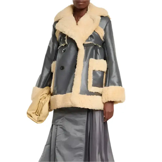 Women's Black Faux Leather Jacket with Shearling Trim – Stylish & Cozy-0